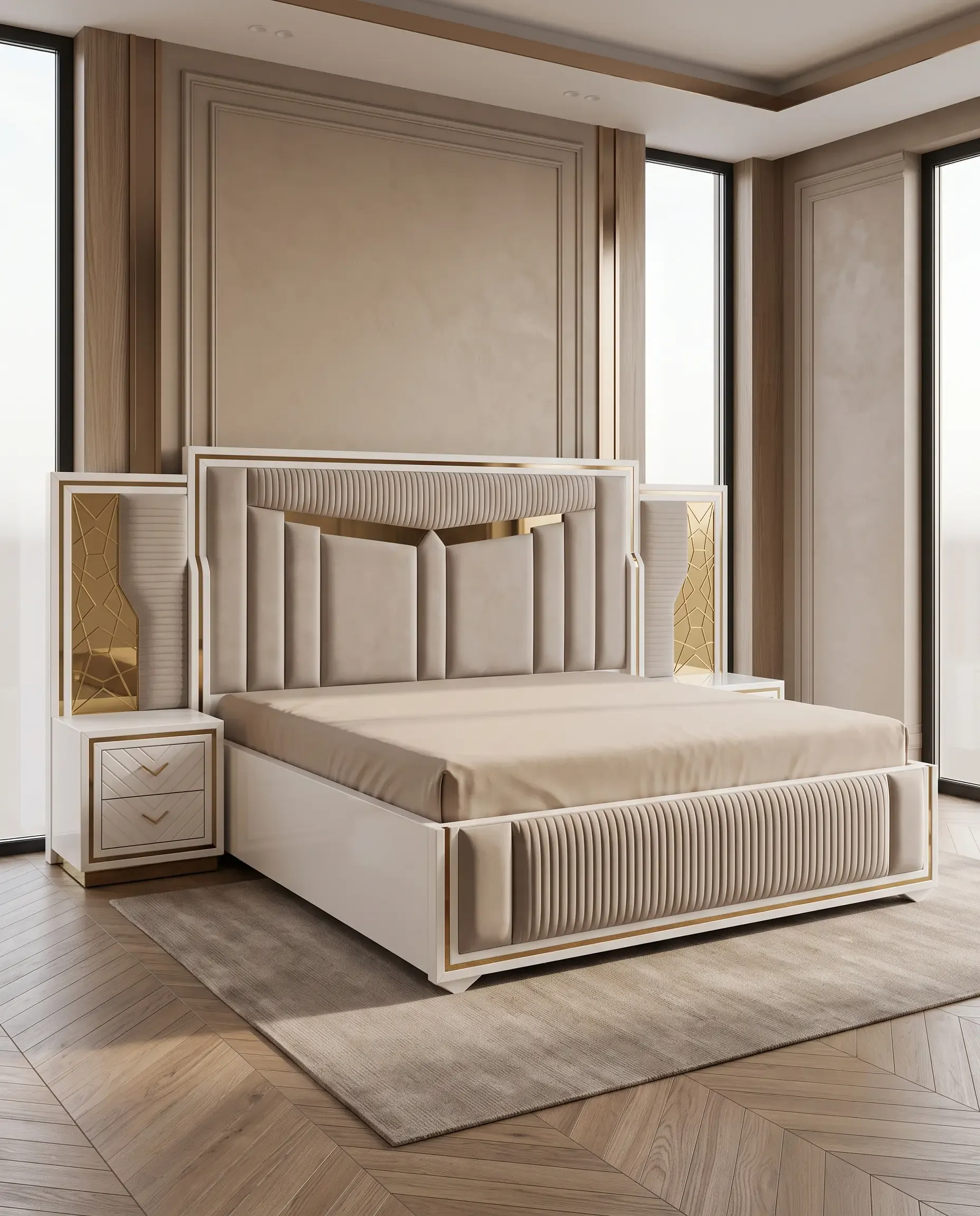 Solid Wood King Size Beds — Stepped Arch Beige Bed by Rajindra Furniture