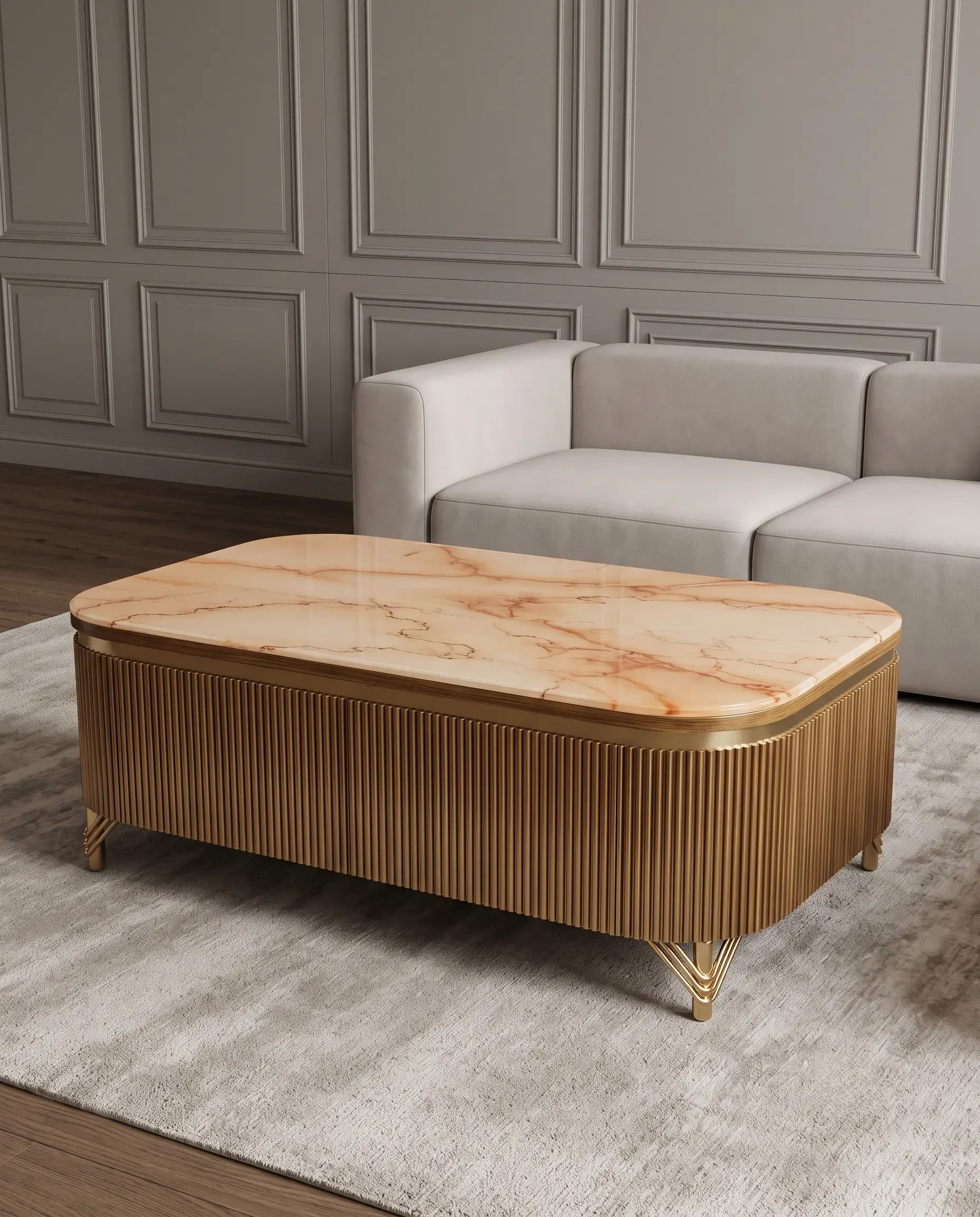 Handcrafted Luxury Centre Tables in New Delhi — Gold Fluted Onyx Marble Table