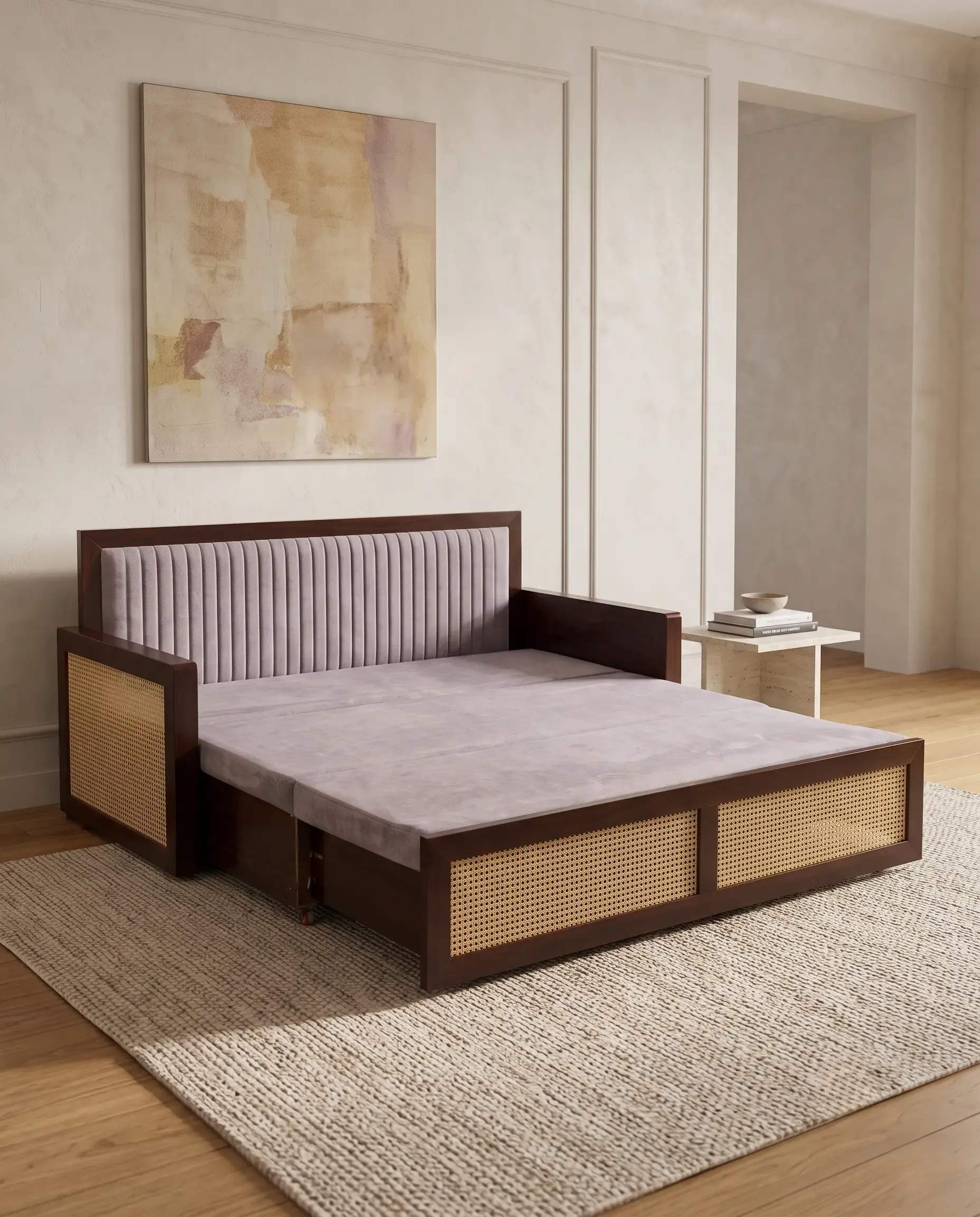 Versatile Sofa Cum Bed — Cane Wood Lavender 3-Seater Sofa Bed