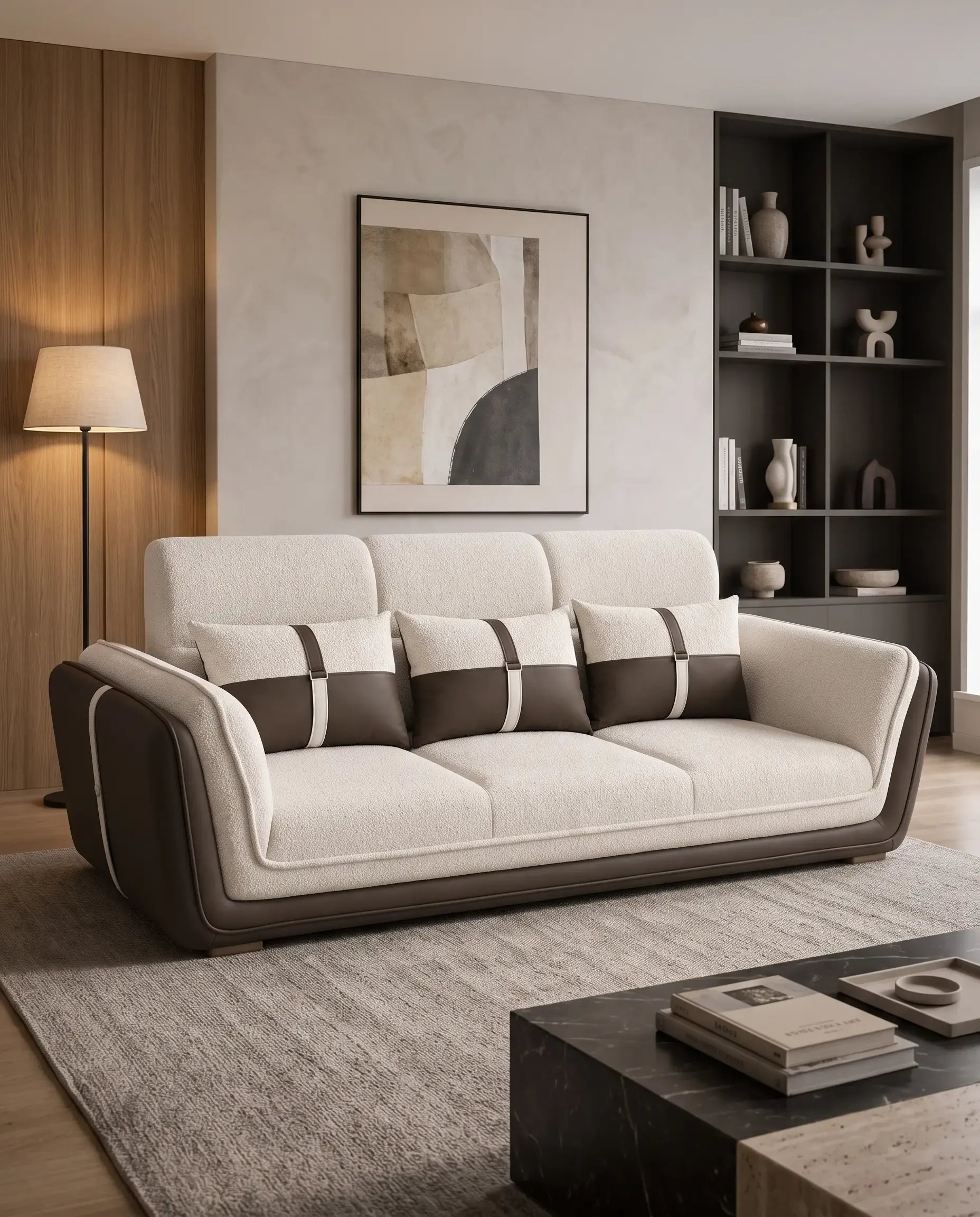 Handcrafted Luxury Sofas in New Delhi — Modern Cream Brown 3-Seater